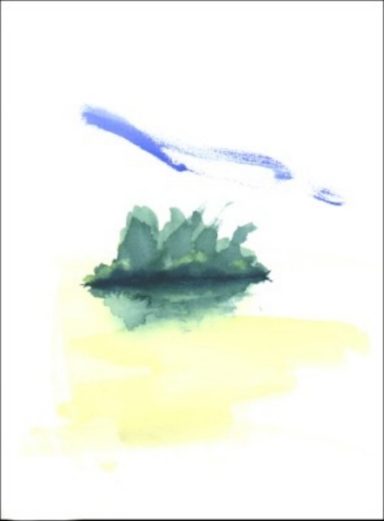 Canada 15 Zarte Aquarelllandschaft mit grünen Hügeln und blauen Himmelstönen.
