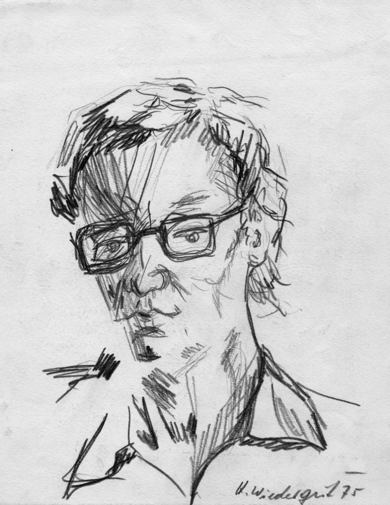 Selbstportrait 1975 Skizze eines Mannes mit Brille und unordentlichem Haar, leicht schräg zur Seite.