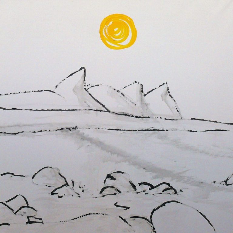 Buffelsbay Sonnenzeichen über einer skizzenhaften Küstenlandschaft mit Felsen.