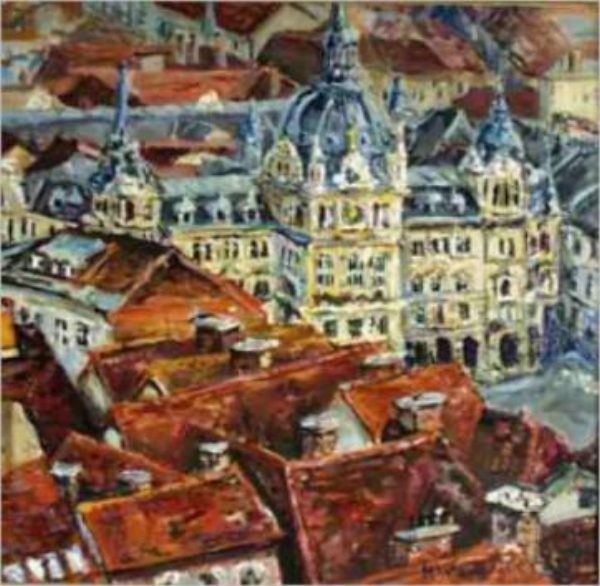 Graz Hauptplatz Blick auf Graz mit roten Dächern und historischen Gebäuden.