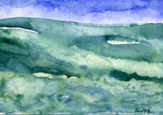 Grüner Wasserfarben-Horizont mit sanften Wellen und blauem Himmel.