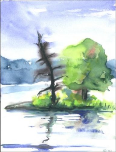 Eine Wassermalerei von einer Insel mit Bäumen und reflektierendem Wasser.