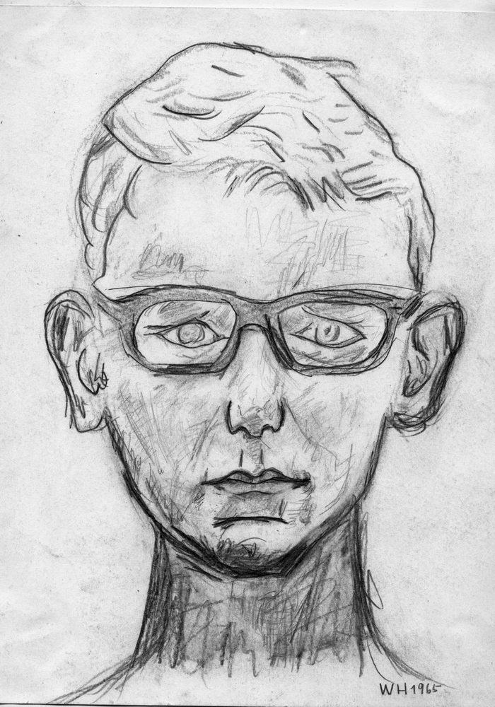Selbstportrait 1965 mit Bleistift Porträt eines Jungen mit Brille, kurzen Haaren und neutralem Gesichtsausdruck.