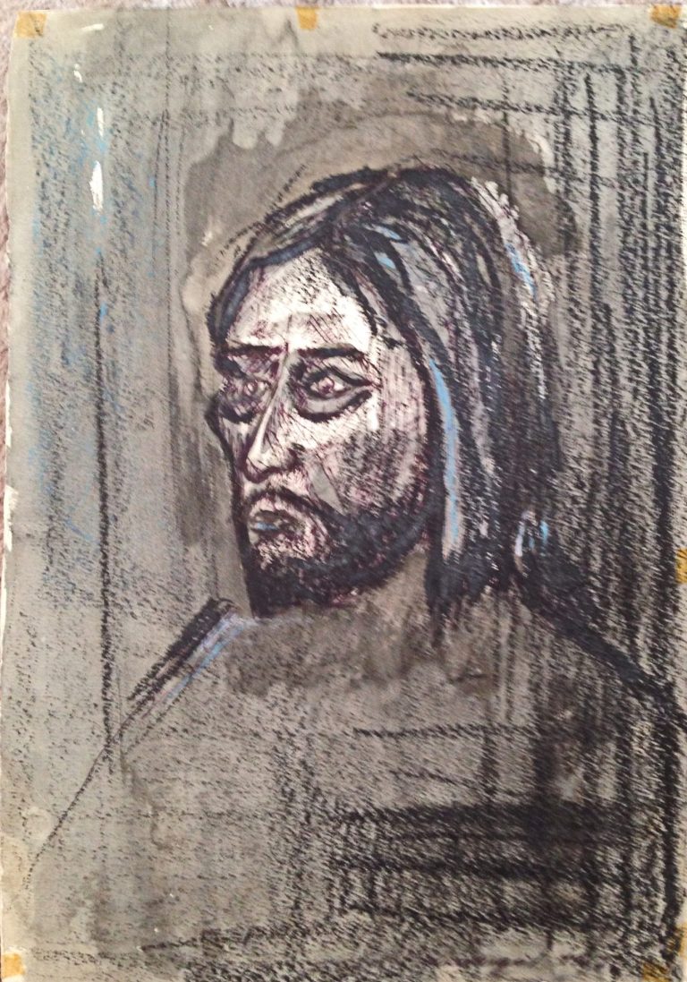 vielleicht Jesus, Schülerzeichnung, ca 1965 Porträt eines Mannes mit Bart und langen Haaren, in dunklen Farben gehalten.