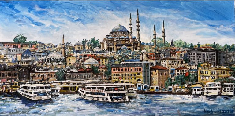 Istanbul Blick auf Istanbul mit historischen Gebäuden und Booten im Wasser.