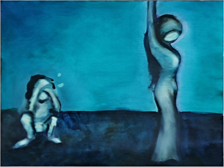 ohne Worte Zwei stilisierte Figuren auf blauem Hintergrund, eine steht, die andere sitzt.