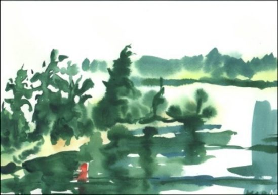 Grüne Bäume und Wasserreflexionen in einer sanften, impressionistischen Landschaft.