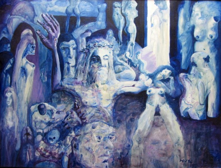 Abstrakte Darstellung von menschlichen Figuren in blauen und violetten Tönen.