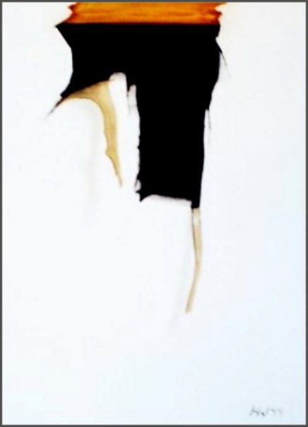 zerissene Leinwand Abstrakte Kunst mit schwarzen und orangefarbenen Farbverläufen auf weißem Hintergrund. Scheinbar eine zerrissene Leinwand.