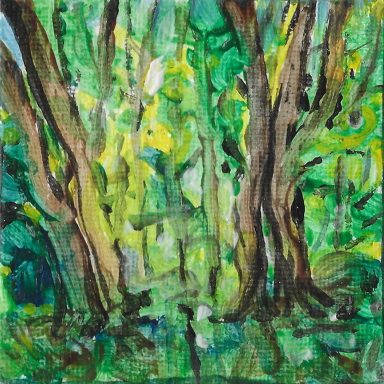 Acrylbilder Dichte grüne Waldlandschaft mit mehreren Baumstämmen im Vordergrund.