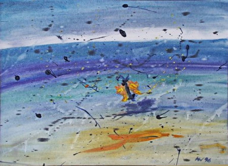 Butterfly bye Abstrakte Malerei mit Farbverlauf von Blau zu Gelb, dynamischen Linien und goldenen Akzenten.