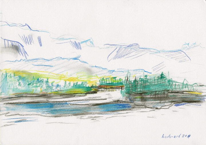Faaker See Aquarelllandschaft mit Bergen, Bäumen und einem ruhigen Gewässer im Vordergrund.