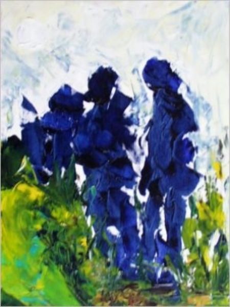 Blaue Figuren Abstrakte Darstellung von blauen Figuren vor einer hellem, farbenfrohem Hintergrund.