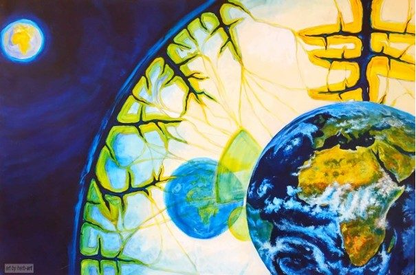 ERD-Bewusstsein „Ölgemälde ERD‑Bewusstsein von Herbert Wiedergut – abstrakte Darstellung planetarer Energiefelder und innerer Erdverbundenheit