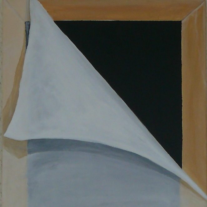 Trompe l'oeil Ein rahmenloses Bild mit einem sich lösenden weißen Blatt, das einen dunklen Hintergrund zeigt.