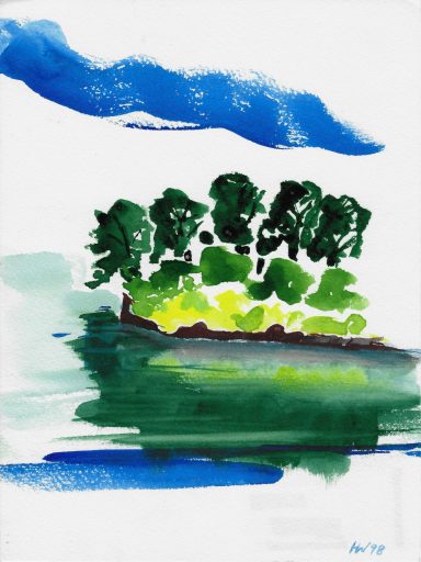 Canada 18 Grüne Bäume auf einer kleinen Insel mit blauem Himmel und Wasser reflektiert.
