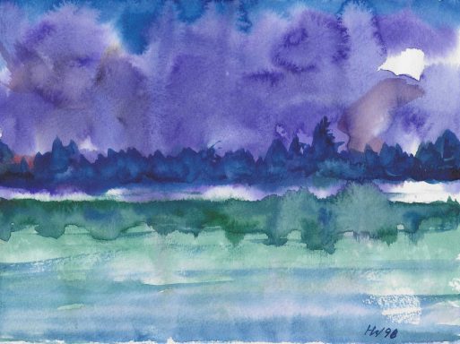 Canada 11 Landschaft mit lila Himmel, grünen Bäumen und ruhigem, spiegelndem Wasser.