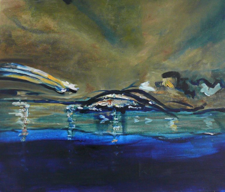 Gedankenflug Abstrakte Malerei mit sanften Farben und fließenden Formen, die Wasser und Himmel darstellen.