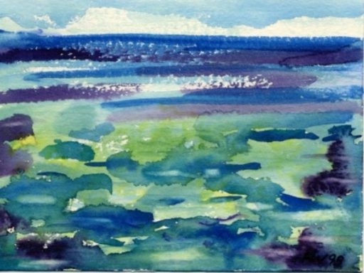 Wasserfarbendarstellung einer Landschaft mit grünen Feldern und blauen Himmel.