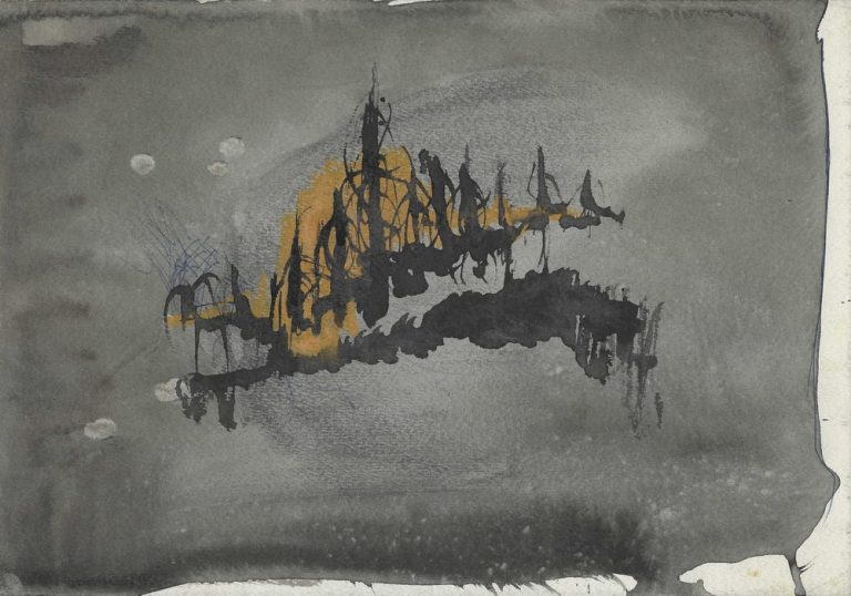 abstrakt 1967 Dunkle Landschaft mit silbernem Wasser und orangefarbenem Sonnenuntergang im Hintergrund.