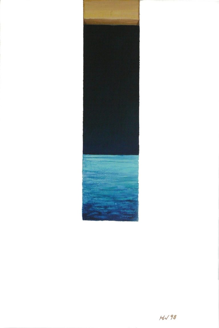 Ozean dahinter Trompe l'oeil Bild mit ausgeschnittener Leinwand, scheinbar sichtbaren Keilrahmen und schwarzen Raum und Ozean dahinter.