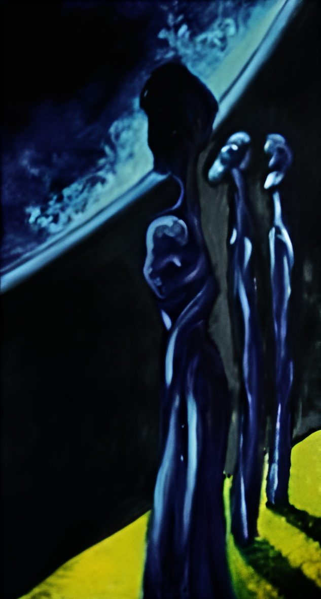 Sehnsucht Abstrakte Darstellung von blauen, humanoiden Figuren vor dunkelblauem Hintergrund.