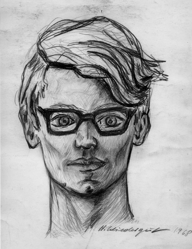 Selbstportrait 1968 Porträt einer Person mit Brille und strahlenden Augen, skizziert in Schwarz-Weiß.