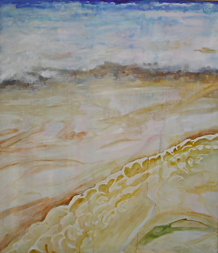 Desert Abstrakte Aquarellmalerei mit sanften Erdtönen und fließenden Linien.