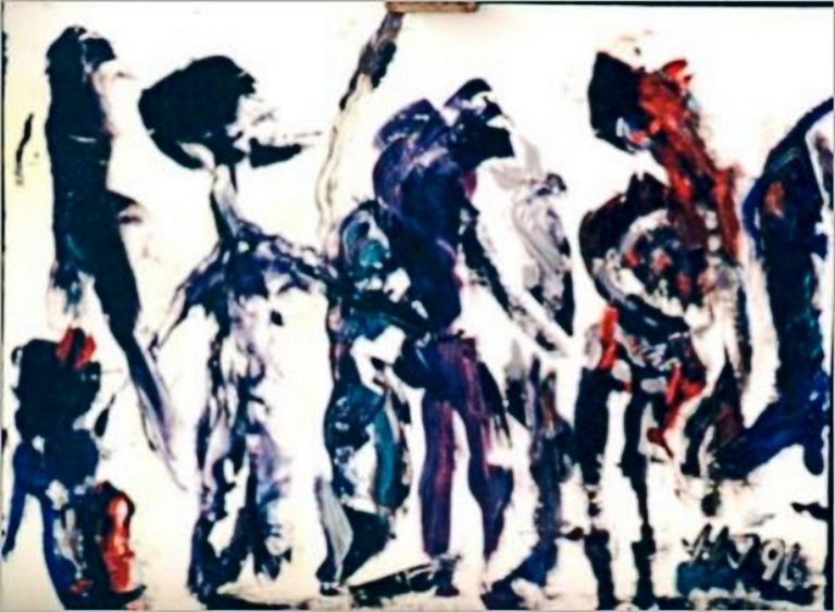 Totentanz Abstrakte Darstellung von menschlichen Figuren in kräftigen Farben und fließenden Linien.