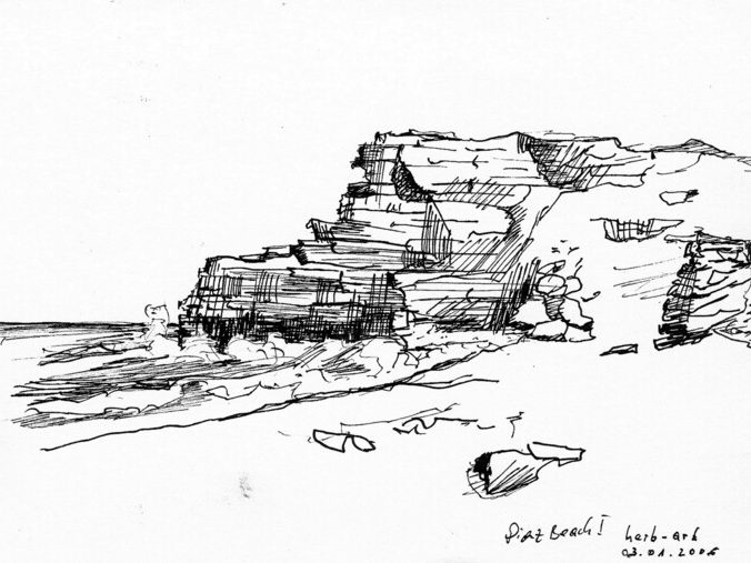 Diaz Beach Skizze einer Klippe am Meer mit Felsen und Pflanzen im Vordergrund.