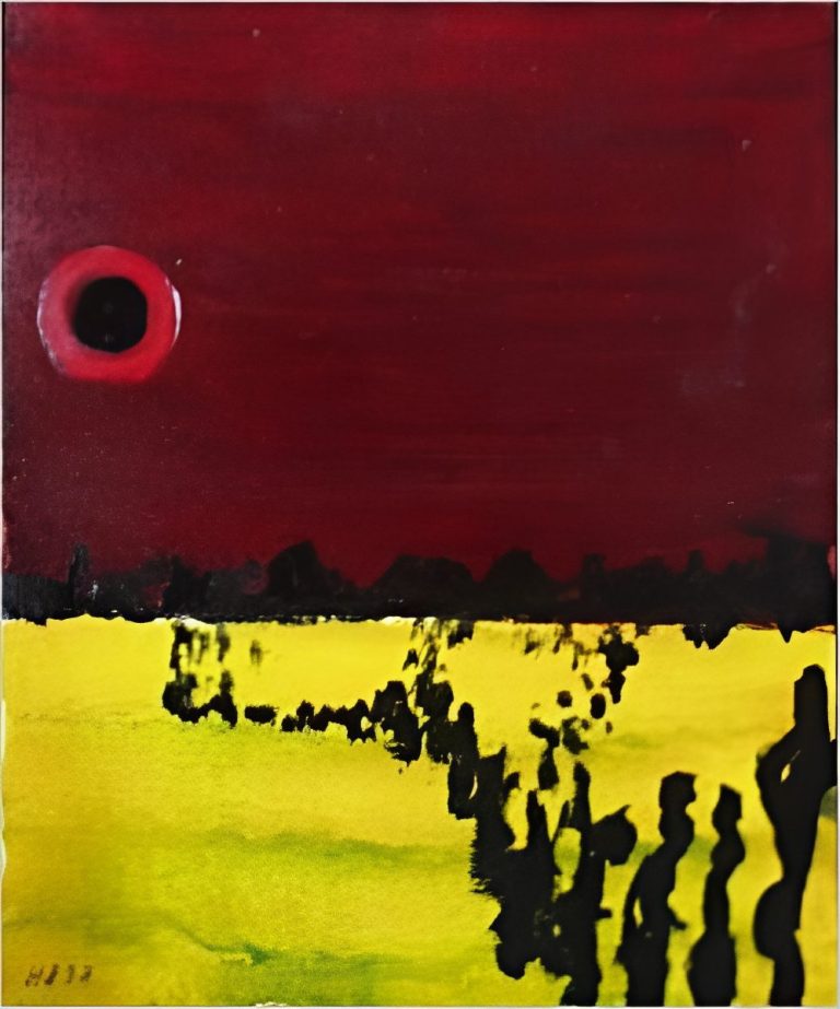 Afrika - Flucht Silhouetten von Menschen in einer gelben Landschaft unter einem roten Himmel.
