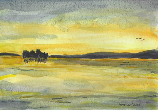 Aquarelllandschaft mit einem Sonnenuntergang über einer ruhigen Wasseroberfläche.