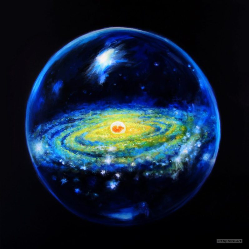 Die Geburt des Adam Ein leuchtendes, farbenfrohes Modell einer spiralförmigen Galaxie .