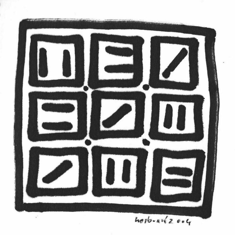 art abstract 06 Ein kraftvolles, schematisches Muster aus schwarzen Linien in einem 3x3-Raster.