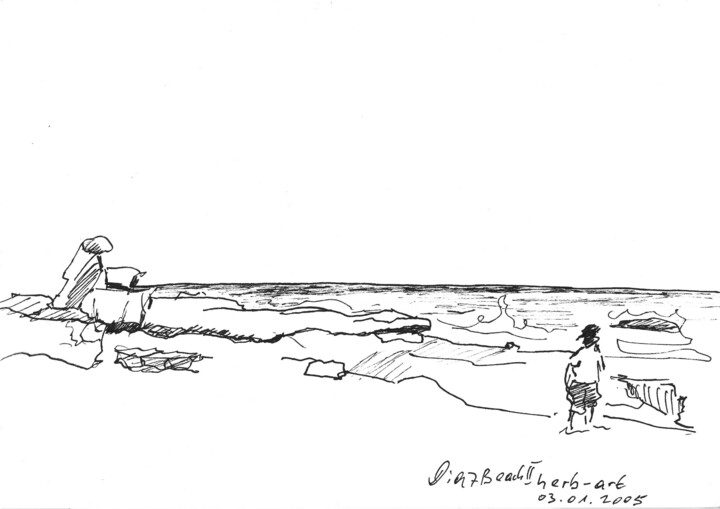Eine einfache Zeichnung eines Menschen am Strand mit Wellen im Hintergrund.