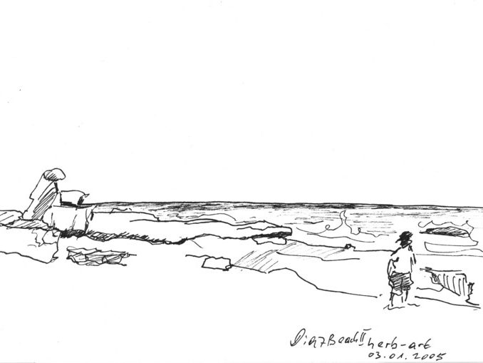 Diaz Beach II Eine skizzierte Küstenlandschaft mit einer Person im Vordergrund und Wellen im Hintergrund.