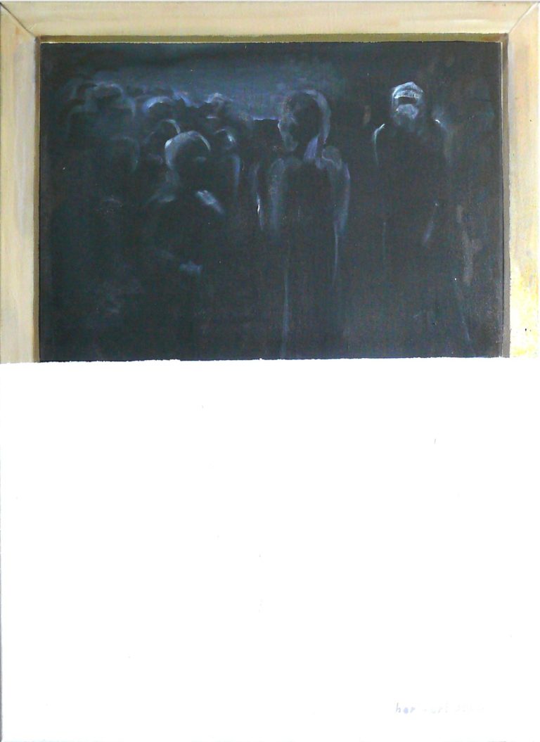 Hinter der Leinwand Gruppenantlitz mit dunklem Hintergrund und angedeuteten Figuren in Silhouetten.