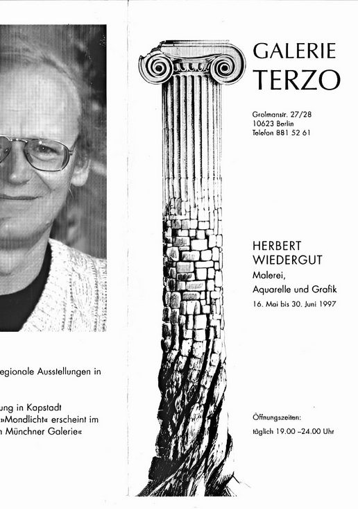 Ein Flyer für die Galerie Terzo mit Informationen über Herbert Wiegand und eine Säule.