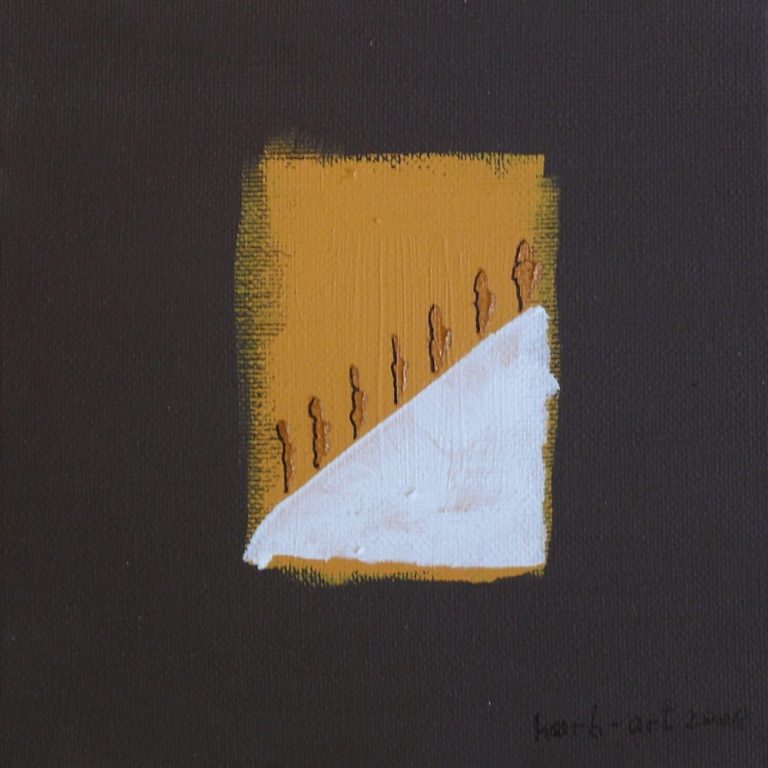 Abstraktes Kunstwerk mit gelbem und weißem Farbfleck auf dunklem Hintergrund.