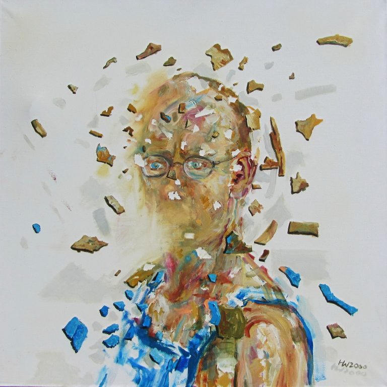 early summer Portrait eines Mannes mit Glatze und Brille, umgeben von farbigen Fragmenten.
