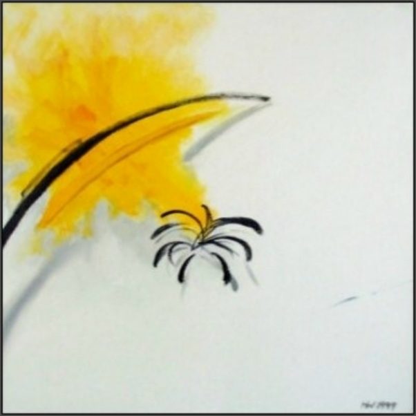 Just Light Gelbe Blume mit geschwungenem Blatt, darunter schwarze Spinnweben.