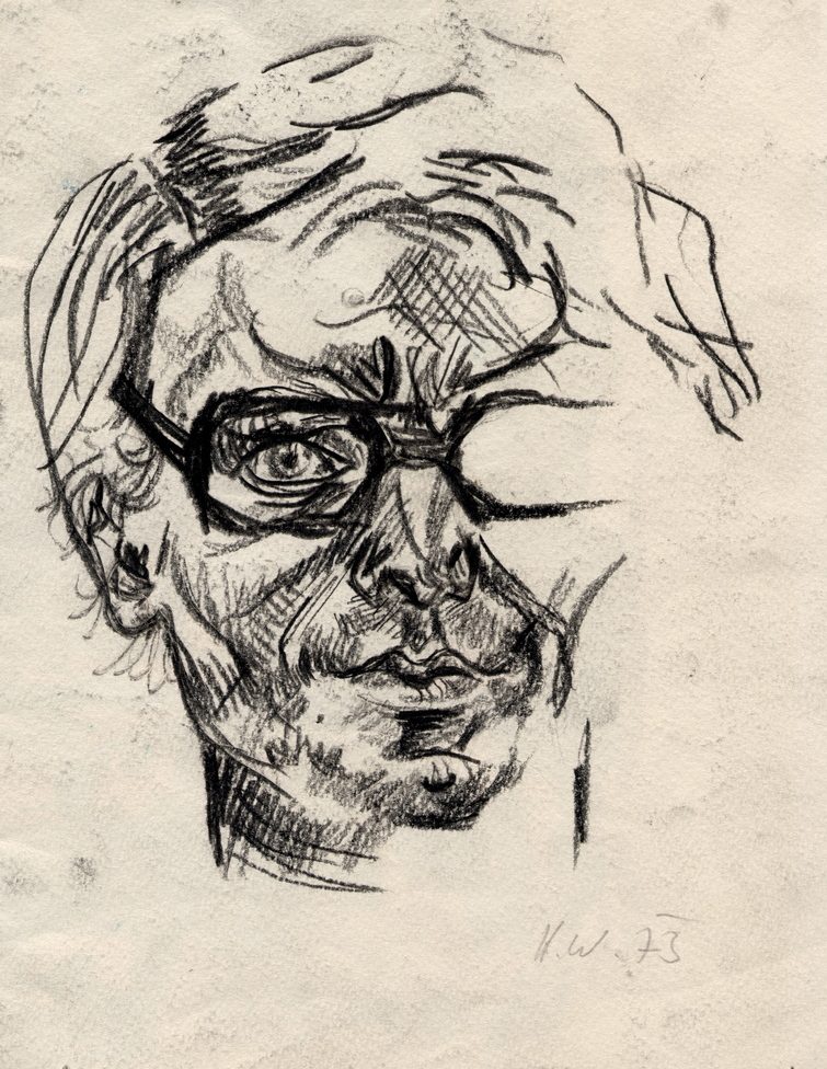 Selbstportrait 1975 Porträt eines Mannes mit Brille, unregelmäßiger Linienführung und Schattenzeichnungen.