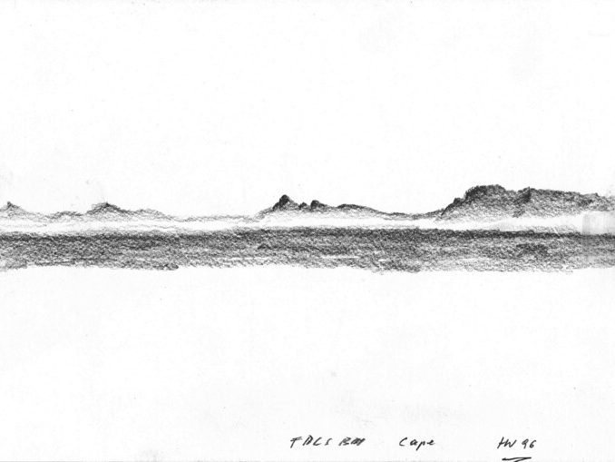 False Bay Künstlerische Zeichnung einer Landschaft mit Bergen und flachem Horizont in Südafrika..