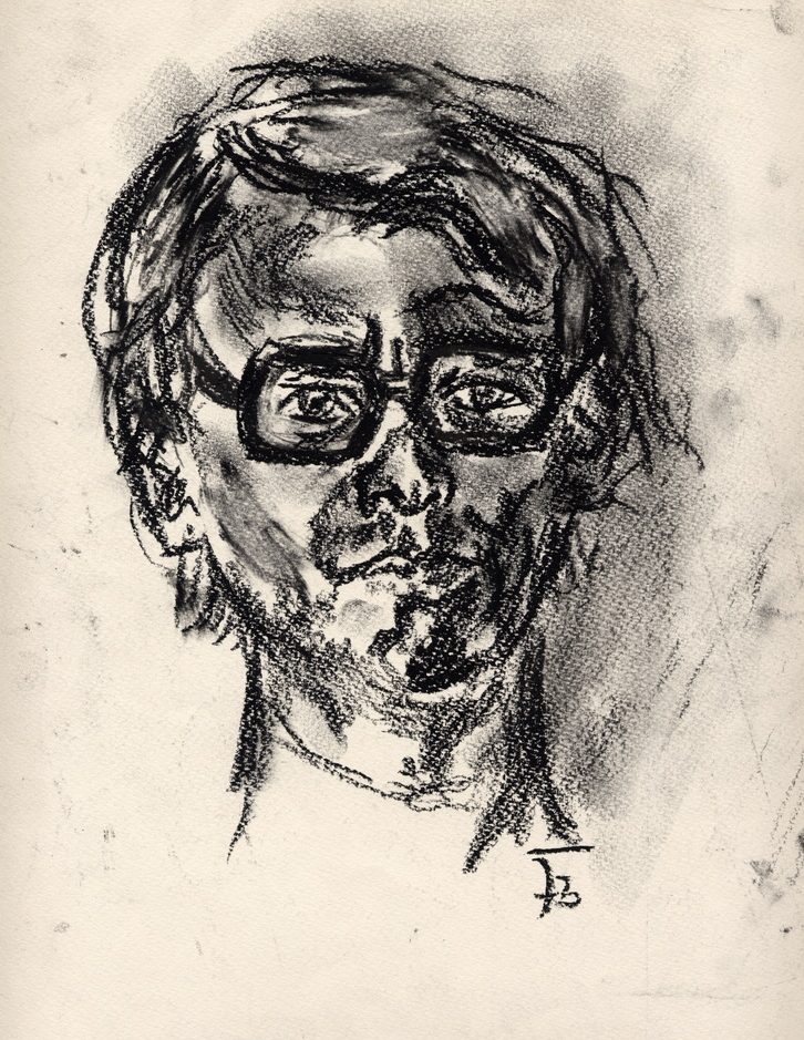 Selbstportrait 1973 in Kohle Skizze eines Mannes mit Brille, Gesichtszüge in dunklen Linien, ausdrucksvoll und stilisiert.