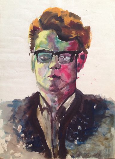 Porträt einer Person mit Brille, bunten Farben und modischer Kleidung im Hintergrund.