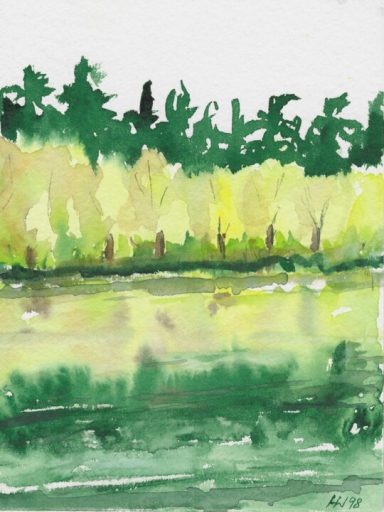 Canada 04 Aquarell mit grünen Bäumen und spiegelndem Wasser im Vordergrund.