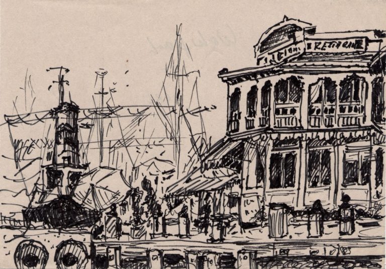 Historische Hafenansicht in Kapstadt mit Schiffen und einem alten Gebäude im Vordergrund.