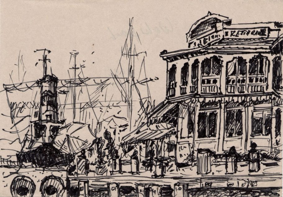 Cape Town Waterfront Hafenansicht in Cape Town mit Schiffen und einem historischen Pavillon im Vordergrund.