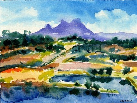 Stellenbosch Umgebung Landschaft mit Bergen, Wiesen und einem Gewässer, in sanften, leuchtenden Farben dargestellt.