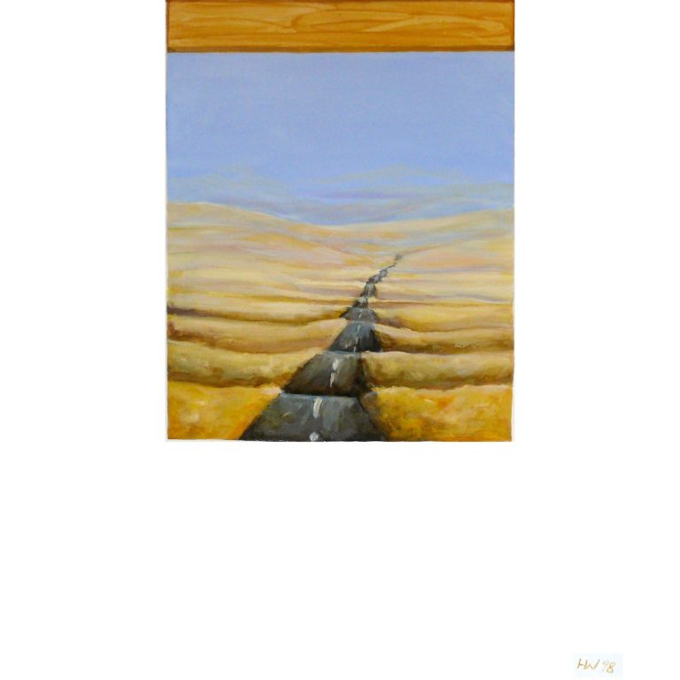 to Marakech Eine Landschaft mit einer Straße, die durch goldene Felder unter einem blauen Himmel führt.
